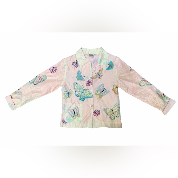 Y2K Parsley & Sage Pastel Tie Dye Silk Embroidered Butterfly Blazer Fairycore - Picture 10 of 16